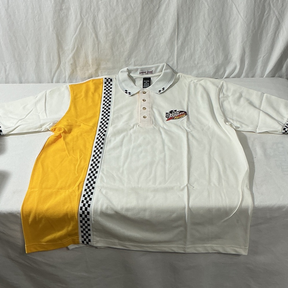 Men’s Dr Pepper White & Yellow Racing Polo with Checkered Trim
